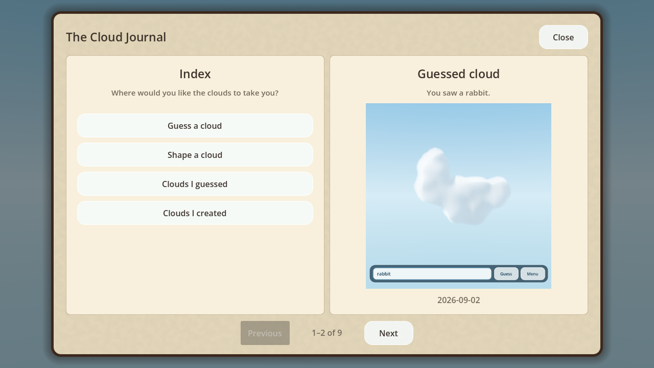 The Cloud Journal showing game modes and a previously guessed cloud